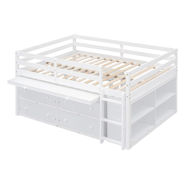 English Elm Full Size Kids Loft Bed Pinewood Frame Dual Study Desks Drawers and Open Shelving White LT000369AAK