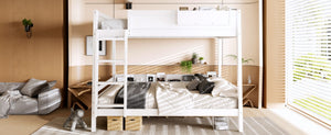 English Elm Queen Over Bunk Bed Pine Frame with Built in Shelving Detachable Vintage Style White W5316S00014