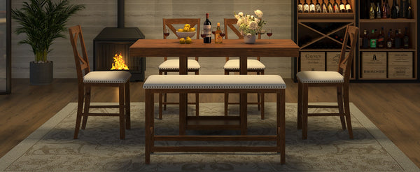 English Elm U_style Rubberwood Farmhouse Bar Table Set Expandable Crossback Chairs Bench Seating Brown WY000534AAD