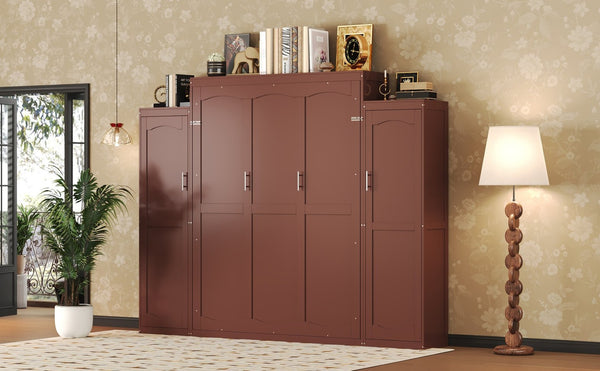 English Elm Queen Murphy Wall Bed Walnut Wooden Frame Dual Wardrobes Foldable Guest Room Storage N733S235627D
