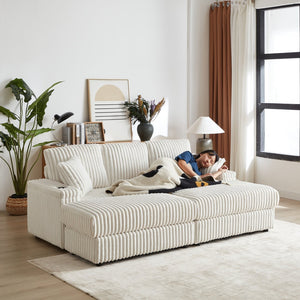 English Elm 84Inch Corduroy sofa with deep seats, 3 back pillows, 2 toss pillows, ottomans, cup grooves, storage Beige W834S00357