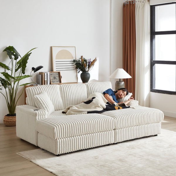 English Elm 84Inch Corduroy sofa with deep seats, 3 back pillows, 2 toss pillows, ottomans, cup grooves, storage Beige W834S00357