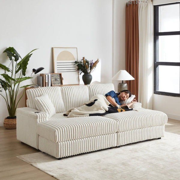English Elm 84inch Corduroy Deep Seat Three Person Sofa with Storage Ottomans for Living Room Beige W834S00565