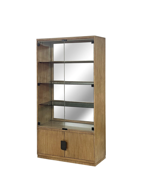 English Elm Display Eucalyptus Display Cabinet with Tempered Glass, Mirrored Back & Two-Door Tan Solid Wood Storage B2699P396177
