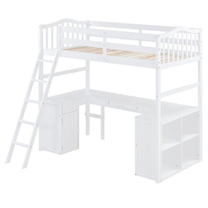 English Elm Twin Loft Bed with Desk Drawers Cabinet Shelves Solid Pine Wood White Finish LT0001505AAK-1