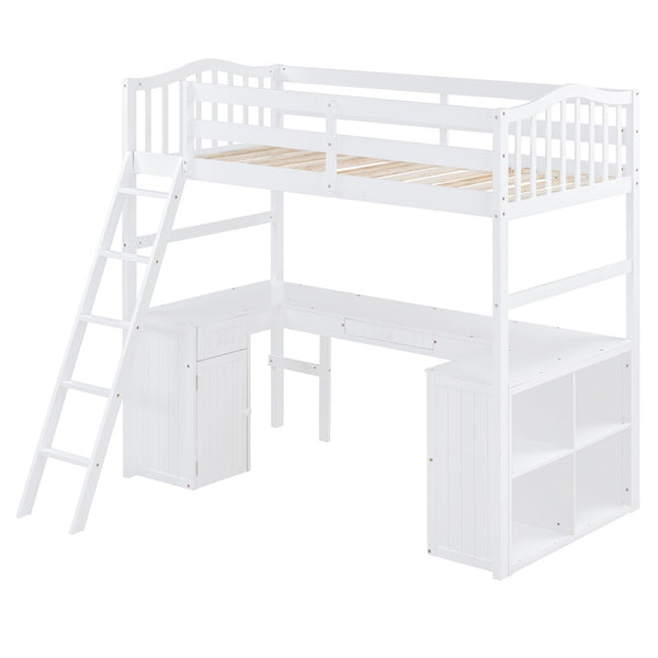 English Elm Twin Loft Bed with Desk Drawers Cabinet Shelves Solid Pine Wood White Finish LT0001505AAK-1