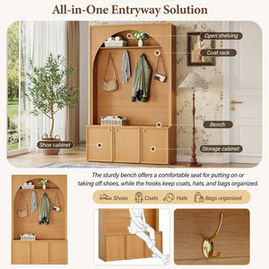 English Elm On-trend Farmhouse Hall Tree Arched Cabinet Storage Bench with Golden Hooks Mudroom Natural N721S000080D