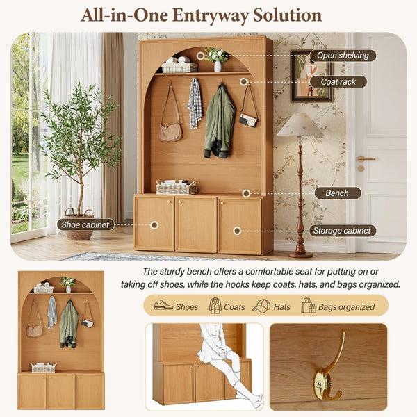 English Elm On-trend Farmhouse Hall Tree Arched Cabinet Storage Bench with Golden Hooks Mudroom Natural N721S000080D