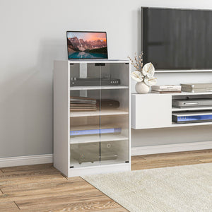 English Elm HOMCOM 4-Tier Media Cabinet with Tempered Glass Doors, Adjustable Shelves, Cable Management, Sleek AV Storage White W2225P200450