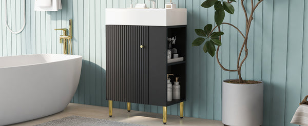 English Elm 21.6" Black Modern Bathroom Vanity with Ceramic Sink, Right Side Storage, Gold Legs & Soft-Close Doors SV000006AAB