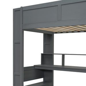 English Elm Wood Twin Loft Bed with Desk Led Lighting Charging Ports and Multi-zone Storage SM000373AAE