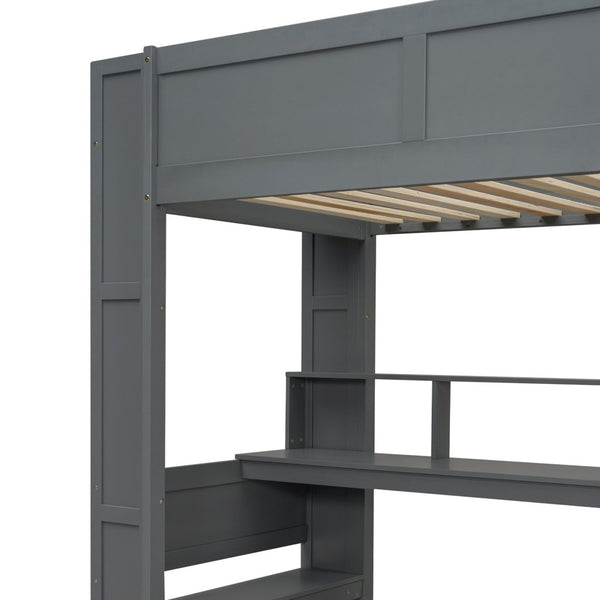 English Elm Wood Twin Loft Bed with Desk Led Lighting Charging Ports and Multi-zone Storage SM000373AAE
