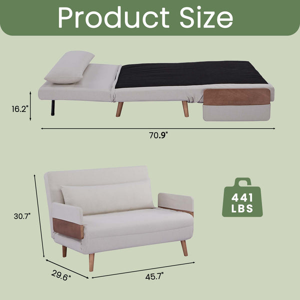 English Elm TRIO Extra Loveseat sleeper sofa bed converts in 10s with 3-position backrest, breathable linen, silent hinges for small spaces Beige W3391P325413