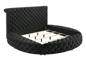 English Elm Luxurious Round Queen Bed with Velvet Tufted Headboard, Studded Accents and Hidden Storage Space Black 54.75 L x 79.5 W x 8.25 H B011S01644