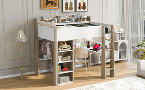 English Elm Full Size Wood Loft Bed With Desk, Wardrobe & Storage Shelves - Stylish Space-Saving Solution! N7090005007K