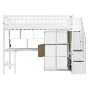 English Elm Wood Twin Loft Bed with Built-In L-Desk, LED Lighting, Staircase Storage, Shelves & Cabinets White N7090000470K