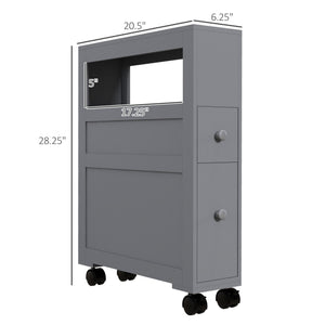 English Elm HOMCOM Slim Rolling Bathroom Storage Cabinet 6.25" W x 28.25" H Gray MDF, 2 Drawers & Shelf, Locking Wheels, 45 lb Capacity W2225P200615