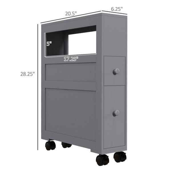 English Elm HOMCOM Slim Rolling Bathroom Storage Cabinet 6.25" W x 28.25" H Gray MDF, 2 Drawers & Shelf, Locking Wheels, 45 lb Capacity W2225P200615