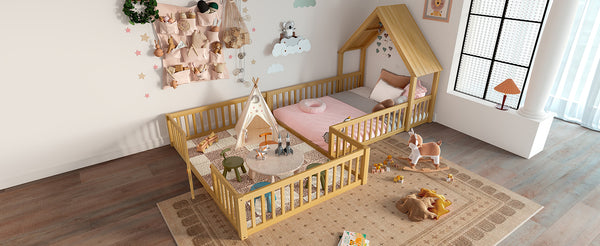 English Elm Full Full Size House Floor Bed with Door & Guardrails, Solid Wood Playful Design for Kids, Safe and Durable Natural W1580P327131