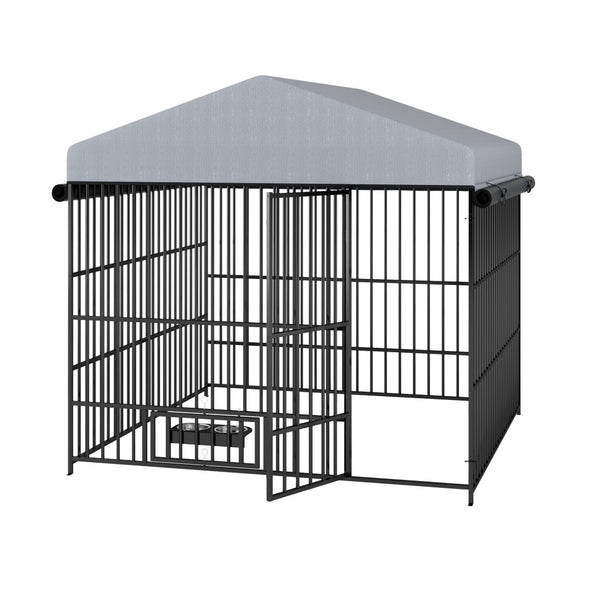 English Elm Large Outdoor Dog Kennel Heavy Duty Iron Run with Waterproof Canopy and Feeding Bowls W1820P321938