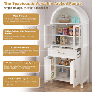 English Elm 71" Tall Arched Pantry Cabinet with Tempered Glass Door, Adjustable Shelves, Anti-Tip Kit & Metal Handles White W2917P384735