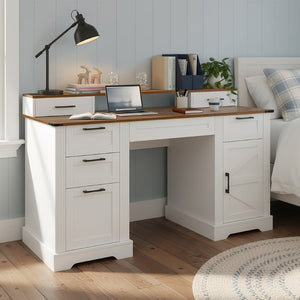 English Elm 59" Fluted Oak L-shaped Corner Desk with Charging Station Monitor Stand and File Storage White W2917S00006