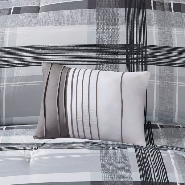 JLA Home Intelligent Design - Plaid ultra-soft microfiber comforter set with hand-drawn black & grey plaid, solid reverse, pillows and antimicrobial freshness protection 90 L x 68 W x 1H ID10-1329