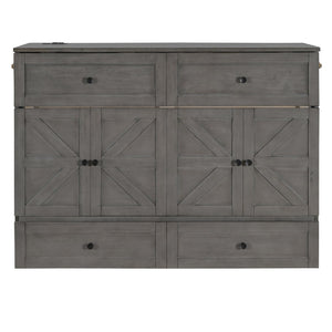 English Elm Full Size Murphy Bed Rattan Cabinet with Storage Drawers and Gold Hardware N708S00005AAE