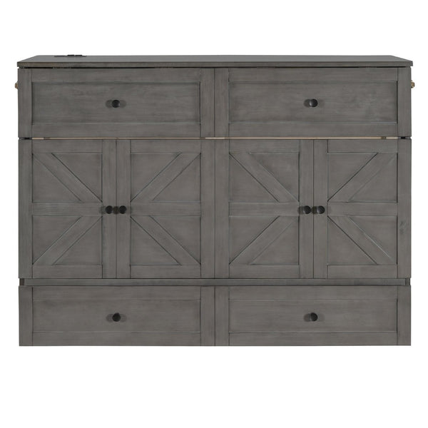 English Elm Full Size Murphy Bed Rattan Cabinet with Storage Drawers and Gold Hardware N708S00005AAE