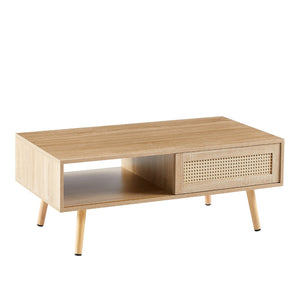 English Elm 41.34" Woven Rattan Coffee Table with Sliding Storage Door and Solid Wood Legs W126573113
