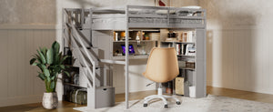 English Elm Full Loft Bed with Integrated Wardrobe Desk Shelving and Led Lighting for Teen Rooms Grey LT000927AAE