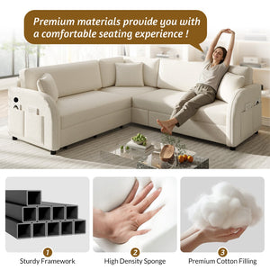 English Elm 85.1" Teddy Plush L-shaped Sectional Sleeper Sofa with Usb Ports and Pull Out Bed Beige+White W1885S00319