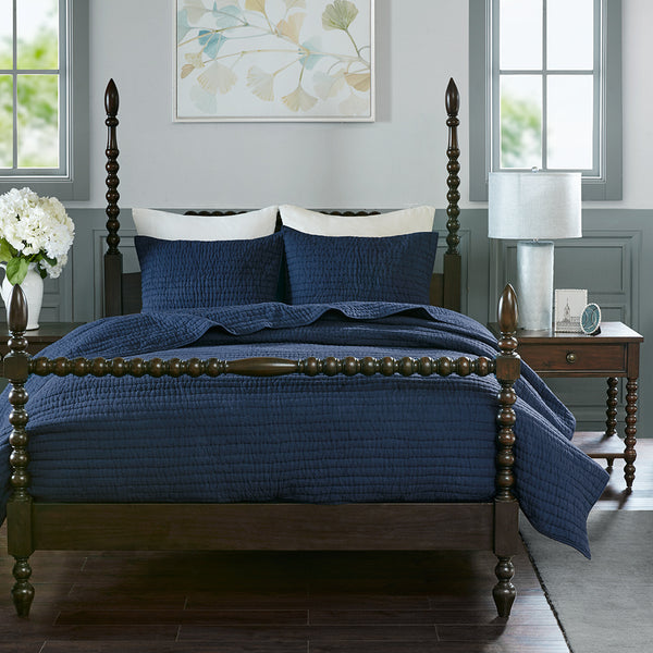 JLA Home Madison Park Signature - 3 Hand-Quilted Cotton Quilt Set - Oversized, Breathable Voile, Lightweight Year-Round Comfort & Texture Blue MPS13-274