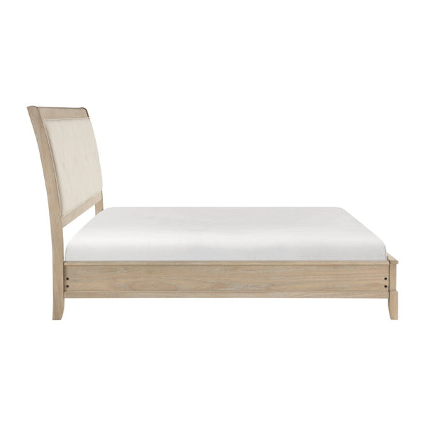 English Elm Classic Button-tufted Queen Bed Faux Leather Headboard Beige Wood Farmhouse Frame B011S02058