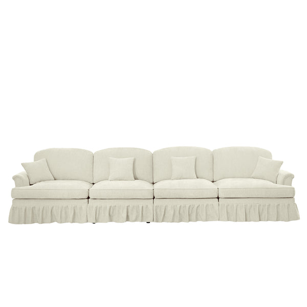 English Elm Elegant Four-Seater Chenille Sofa With Removable Ruffled Skirts, Flared Arms & Spindle Legs For Cozy Living Spaces W3041S00238