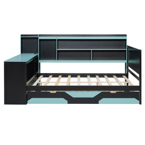 English Elm Full Size Gaming Bed Frame with Desk Led Lights Storage Drawers and Charging Station Black+Blue LP000289AAC