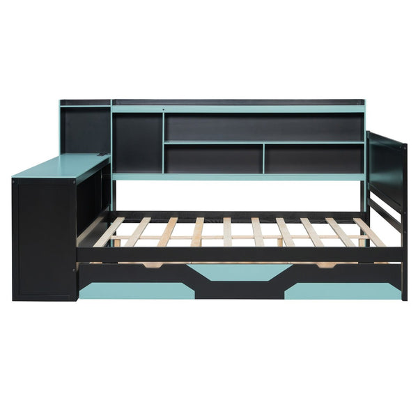 English Elm Full Size Gaming Bed Frame with Desk Led Lights Storage Drawers and Charging Station Black+Blue LP000289AAC