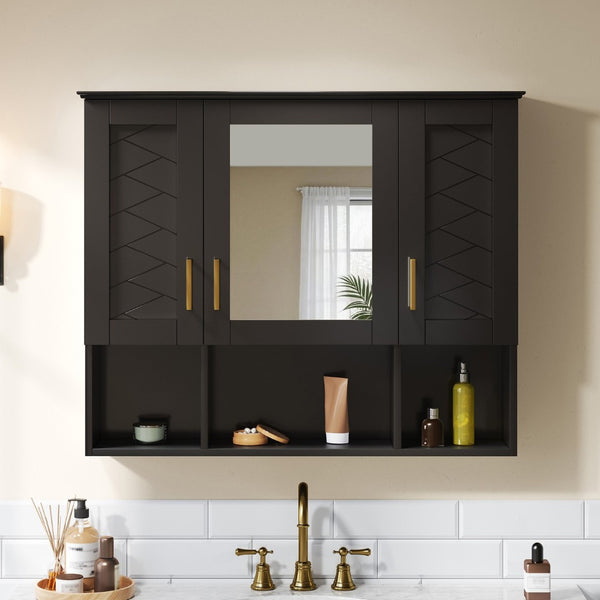 English Elm 35 Inch Wall Mount Medicine Cabinet Soft Close Mirror Storage for Modern Bathroom Black N710P389453B