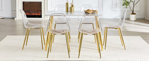 English Elm Table and Chair Set Marble Effect Glass Top Gold Legs Acrylic Seating for Six Transparent,White+Gold W1151S04639