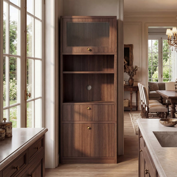English Elm Tall Freestanding Pantry Cabinet with Adjustable Shelves Drawer and Doors for Kitchen Walnut B2764P483841