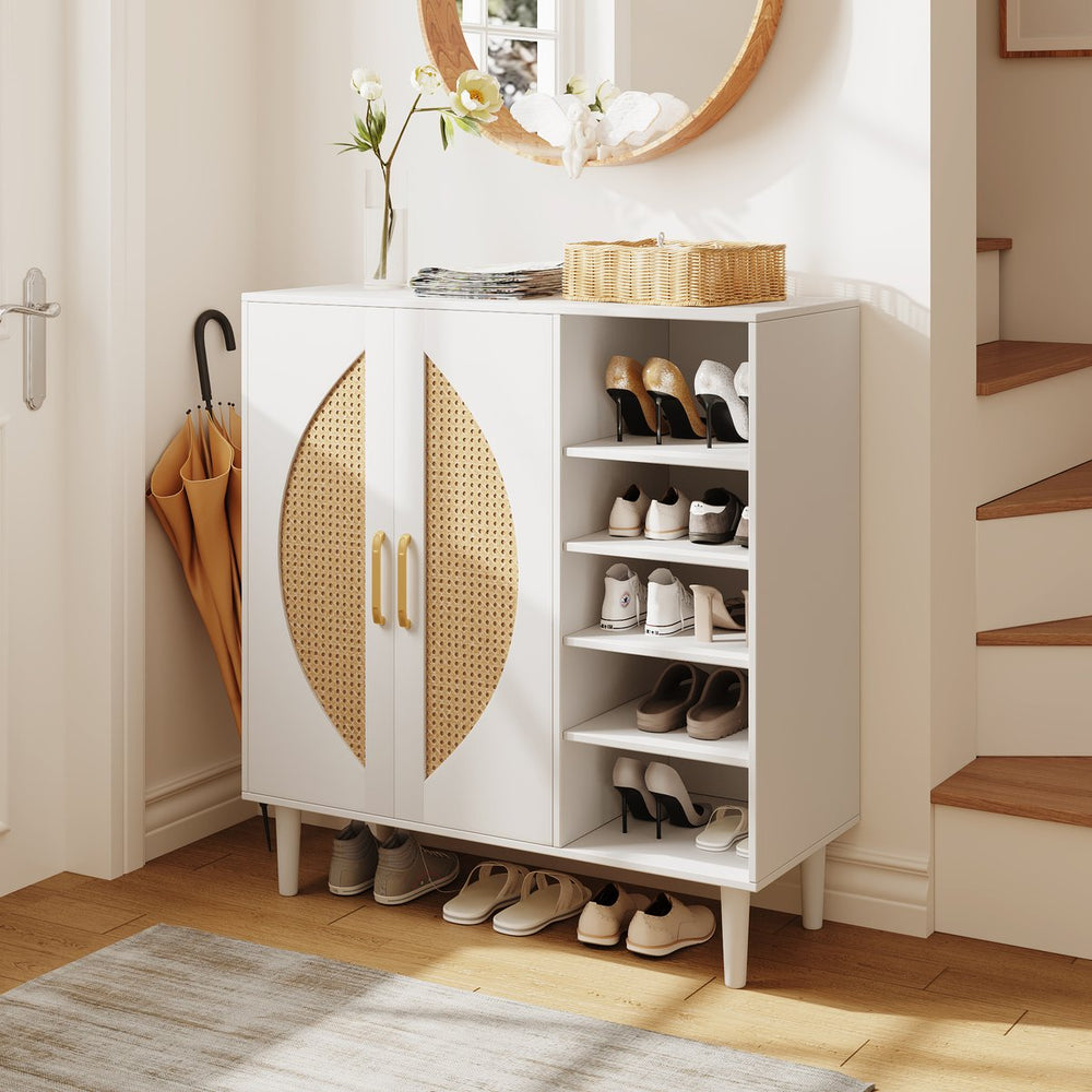 English Elm 20 Pairs Shoe Cabinet White & Light Oak with 8 Adjustable Shelves, Ventilated Back, Anti-Tip Design T3833P366595