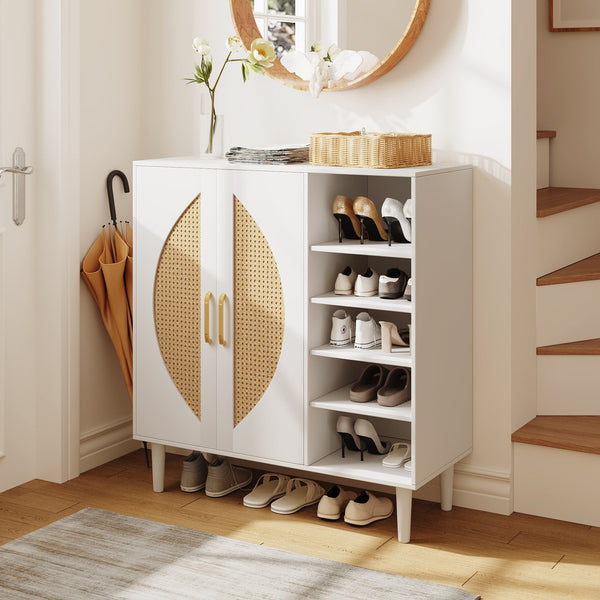 English Elm 20 Pairs Shoe Cabinet White & Light Oak with 8 Adjustable Shelves, Ventilated Back, Anti-Tip Design T3833P366595