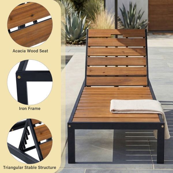 English Elm Outdoor Acacia Wood Slat Chaise Lounge with Powder Coated Frame for Patio Resort Black+Natural N719P383161B