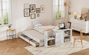 English Elm Twin Multifunctional Wood Platform Bed with Built-In Desk, Trundle & 3 Drawers for Small Spaces White 44.3 L x 23.1 W x 9 H N733S212832K