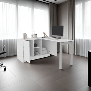 English Elm Elfrida Compact White Desk with Two Open Shelves, Scratch-Resistant Melamine Surface, Stable Design B128S00194