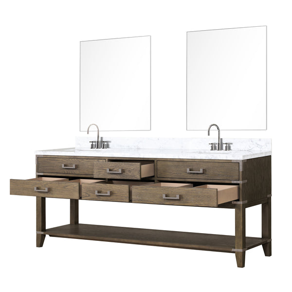 English Elm Grey Oak Double Bath Vanity Set With Carrara Marble Top, Chrome Faucets & 36" Mirrors - Stylish Storage! B2731S01911