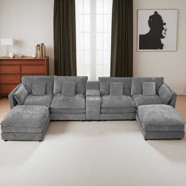 English Elm U Shaped Sectional Cloud Couch for Living Room 144" Plush Modular Sofa with Ottoman Storage Console Cupholders Grey W3276S00012