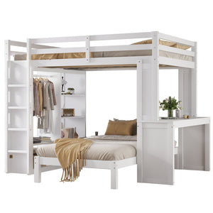 English Elm Queen Multifunctional Solid Wood Bunk Bed With Desk, Dismountable Twin Bed, Shelves & Wardrobe W1580S00214-GIGA