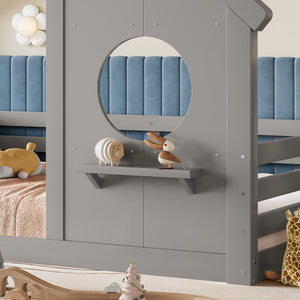 English Elm Twin House Bed Low Profile Pine Wood Frame with Shelf Montessori Kids Floor Sleeping Gray W5305P429646