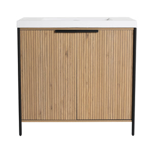 English Elm 36" Freestanding Bathroom Vanity with Resin Sink, Soft-Close Doors, Adjustable Shelf & Metal Handles Light Coffee W999S00296